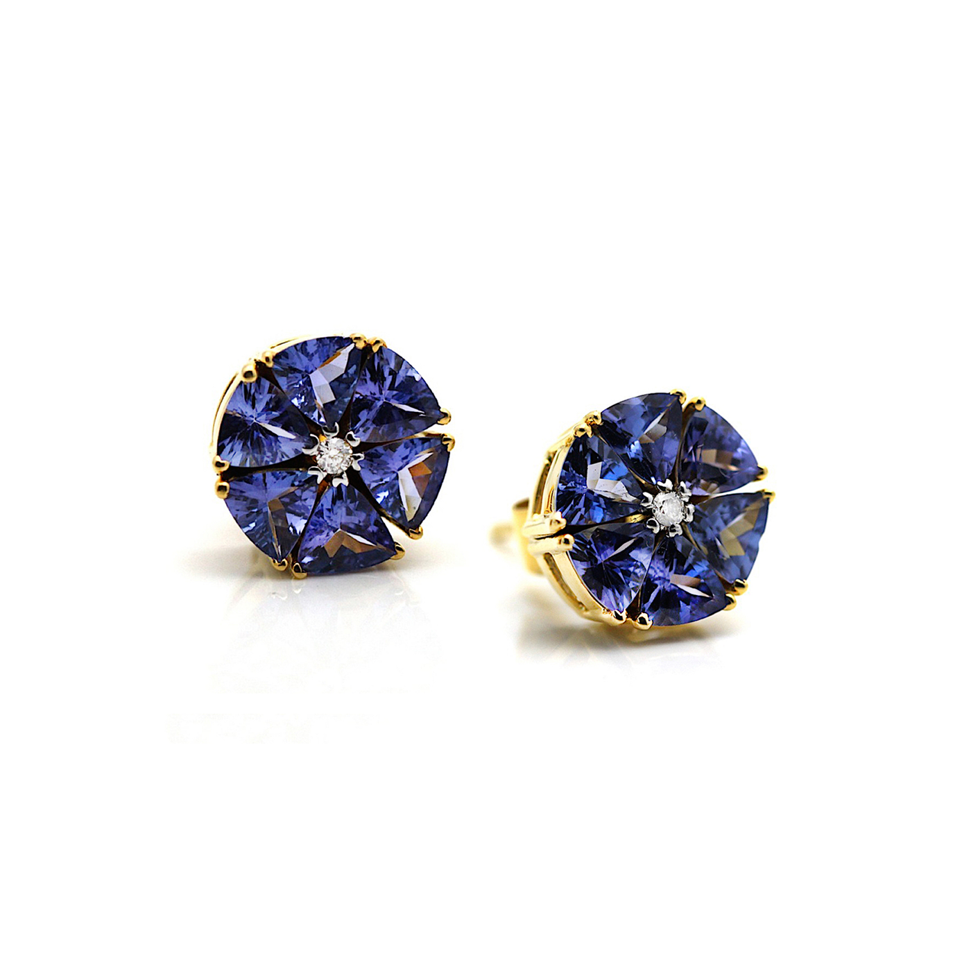 Tanzanite Triangle And Diamond Stud Earring In 18K Yellw Gold