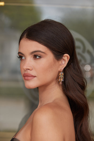 Tourmaline, Tanzanite, Mandarine & Diamond Earring In 18K Yellow Gold - Tresor Collection Model wearing multicolor chandelier earrings – luxury handcrafted earrings by Tresor Collection