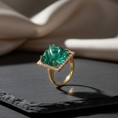 Gold ring with a large green gemstone on a dark surface Close-up of 18K gold emerald diamond ring – handcrafted gemstone jewelry from Tresor Collection
