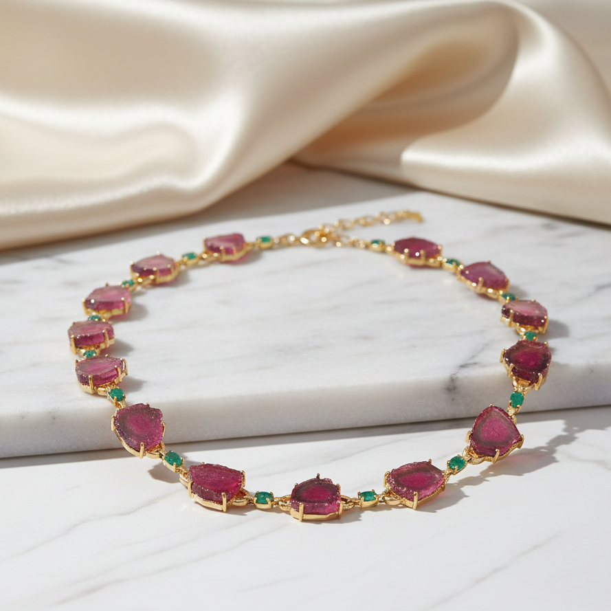 Gold bracelet with red gemstones on a marble surface with satin fabric
