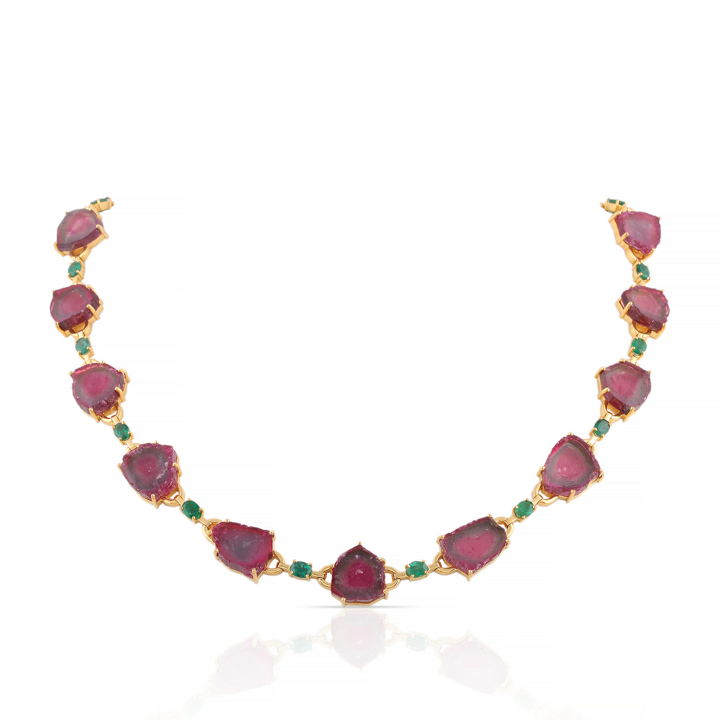 Emerald Oval & Watermelon Tourmaline U/S Necklace In 18K Yellow Gold