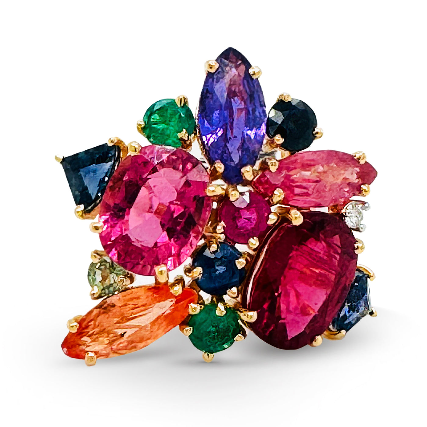Multicolor Stone Mix Shape & Diamond Ring In 18K Yellow Gold