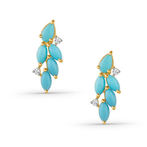 Turquoise earrings with gold accents on a white background 18K gold turquoise diamond earrings flatlay – luxury fine jewelry by Tresor Collection