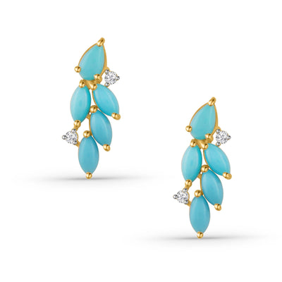 Turquoise earrings with gold accents on a white background 18K gold turquoise diamond earrings flatlay – luxury fine jewelry by Tresor Collection