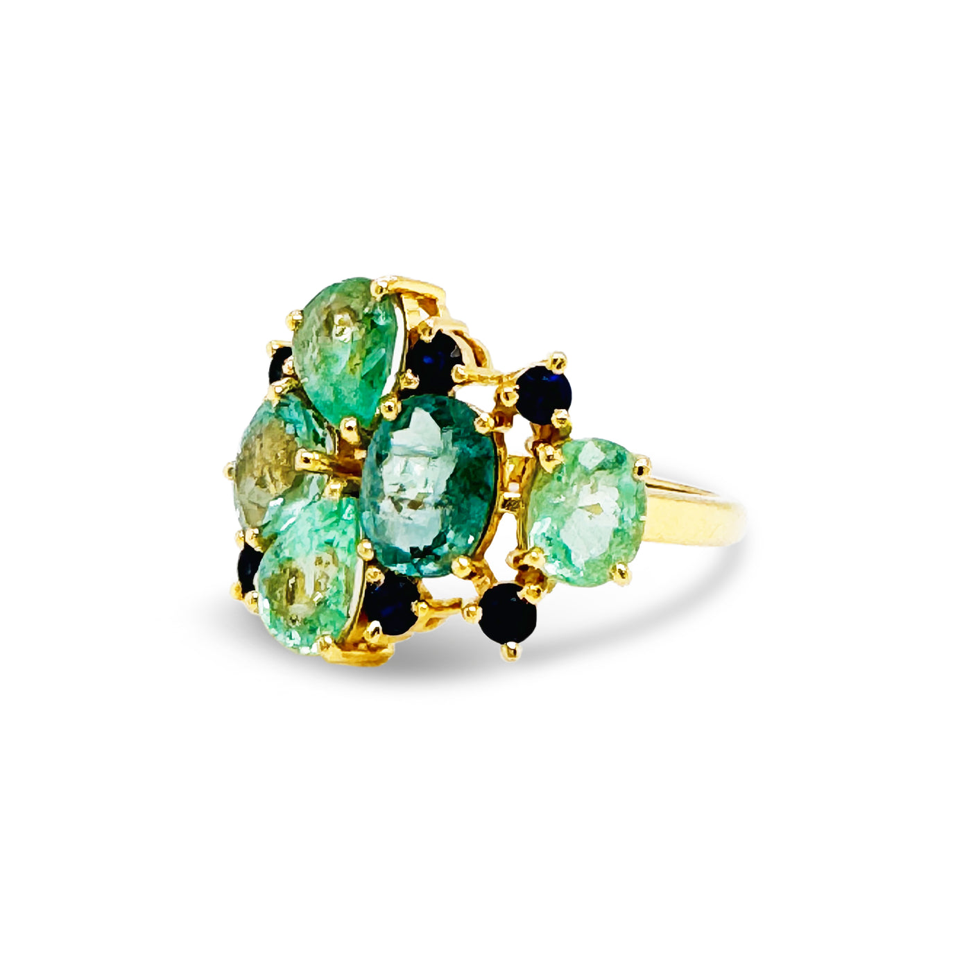 Paraiba Tourmaline Mix Shape & Blue Sapphire Rd. Ring In 18K Yellow Gold