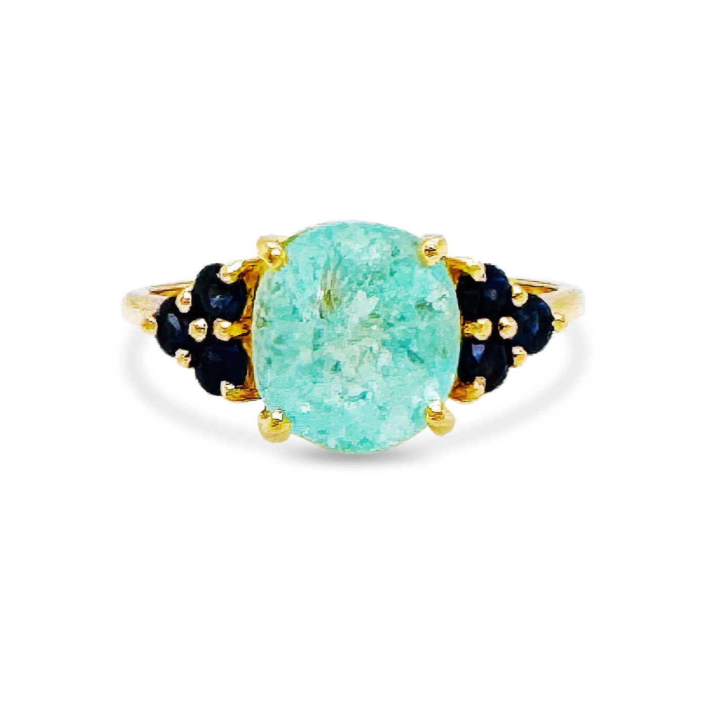 Paraiba Tourmaline Oval & Blue Sapphire Round Ring In 18K Yellow Gold