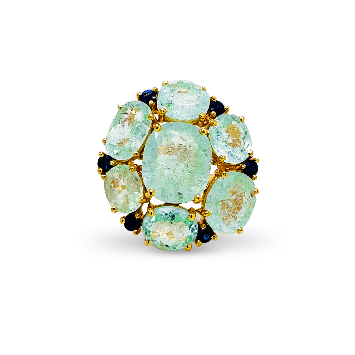 Paraiba Tourmaline Rectangle & Blue Sapphire Round Ring In 18K Yellow Gold