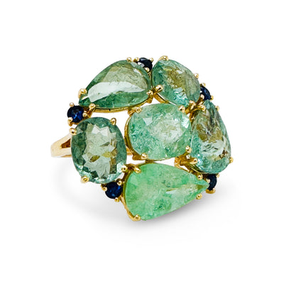 Paraiba Tourmaline Mix Shape & Blue Sapphire Rd. Ring In 18K Yellow Gold