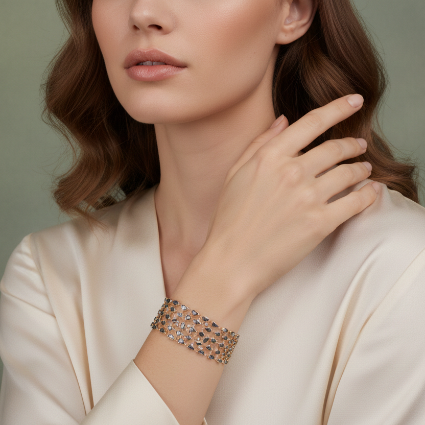 Woman wearing a bracelet on a neutral background Model wearing diamond wide bracelet – sophisticated high-end jewelry look