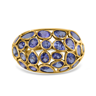 18K gold tanzanite ring with oval and pear stones – designer fine jewelry