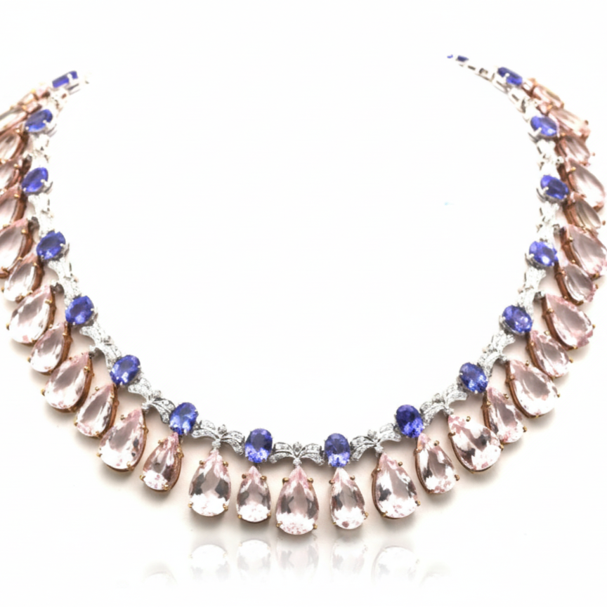 Necklace with teardrop-shaped crystals on a white background 18K rose gold Morganite and Tanzanite necklace flatlay – luxury fine jewelry by Tresor Collection