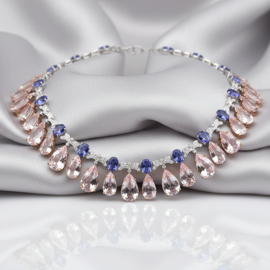 Necklace with pink teardrop-shaped stones and blue accents on a gray fabric background Close-up of 18K rose gold Morganite and Tanzanite necklace – handcrafted fine jewelry from Tresor Collection boutique