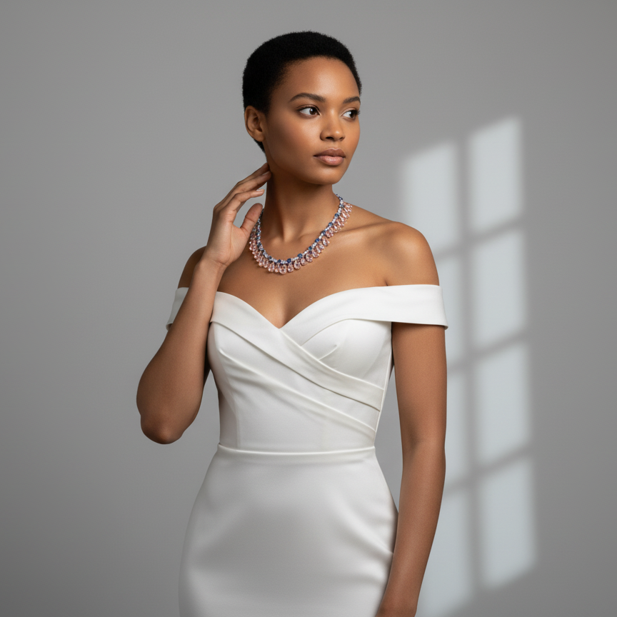 Woman wearing a white off-shoulder dress with a necklace against a gray background Statement Morganite and Tanzanite necklace styled for bridal and festive occasions – luxury handcrafted jewelry from Tresor Collection
