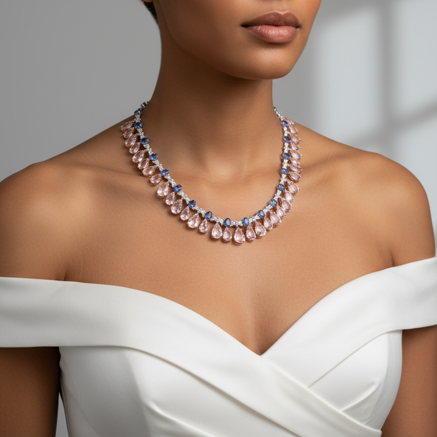 Woman wearing a necklace with a white top against a neutral background Elegant Morganite and Tanzanite necklace on model – designer gold jewelry for women by Tresor Collection