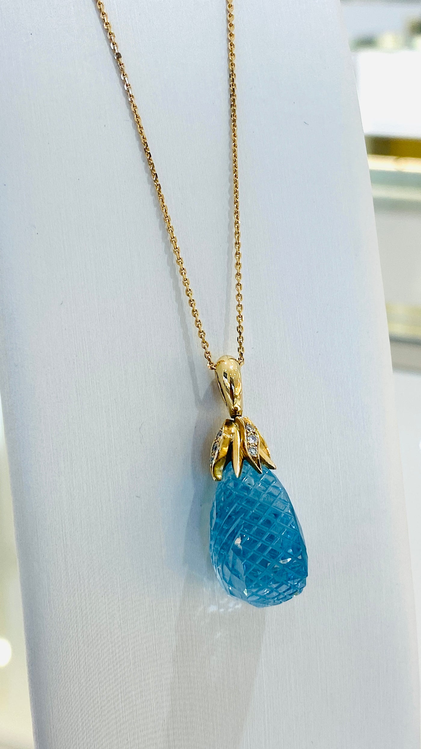 Aquamarine & Diamond Carved Pendant In 18K Yellow Gold