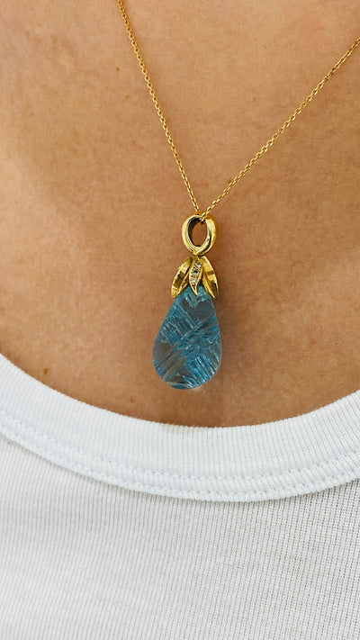 Aquamarine & Diamond Carved Pendant In 18K Yellow Gold