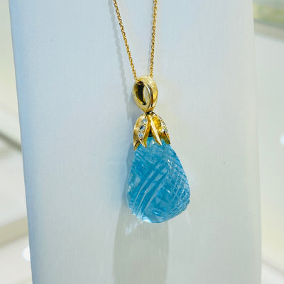 Aquamarine & Diamond Carved Pendant In 18K Yellow Gold