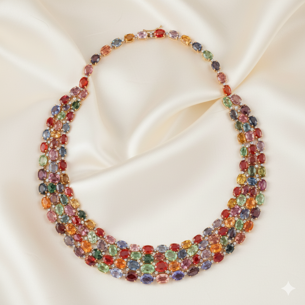 Multicolored gemstone necklace on a satin surface Close-up of 18K gold multicolor tourmaline necklace with diamond accents – handcrafted fine jewelry from Tresor Collection boutique