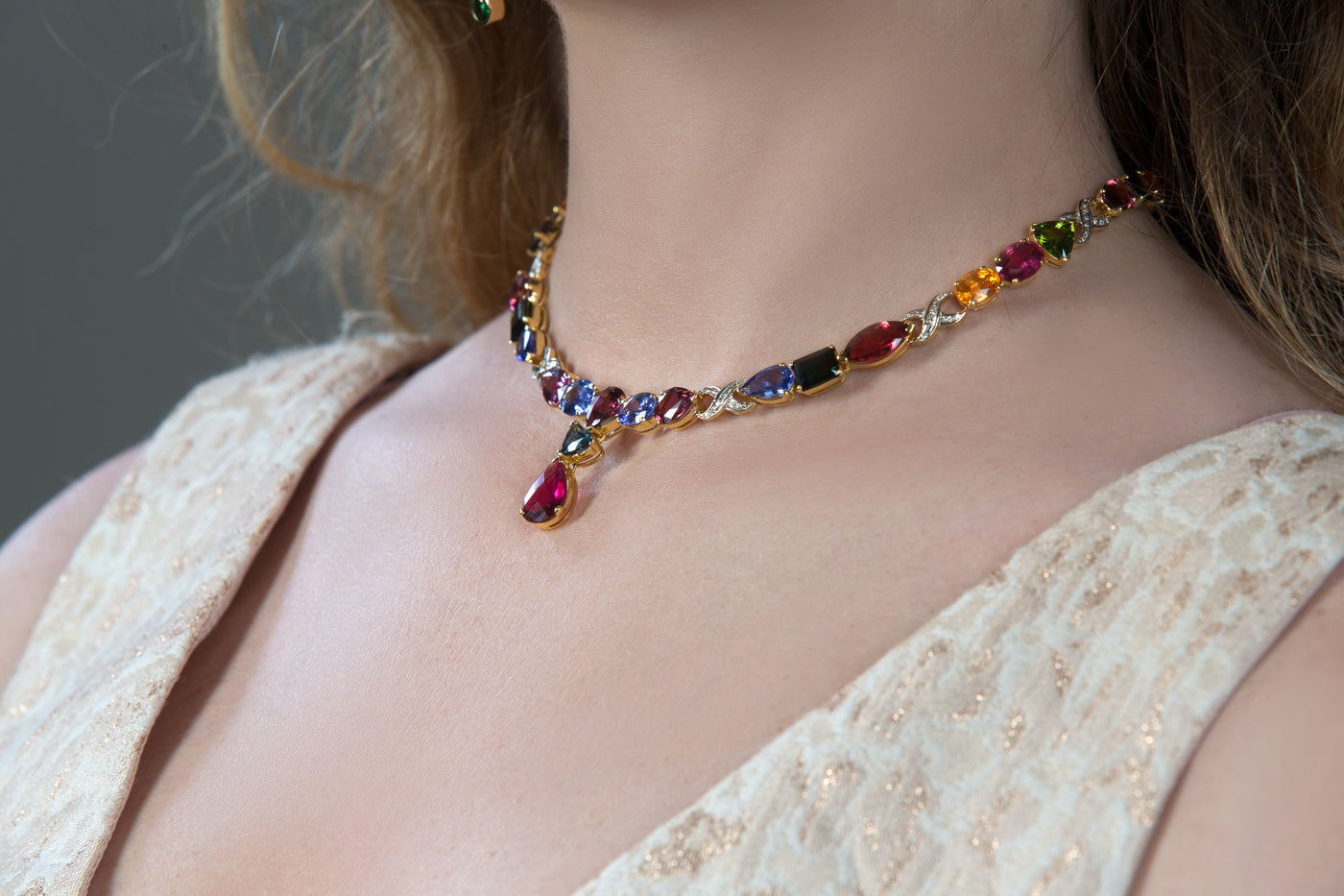 Multicolor Stone & Diamond Necklace In 18K Yellow Gold - Tresor Collection Close-up of multi-gemstone necklace with red pendant – handcrafted designer jewelry by Tresor Collection