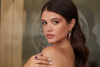 Ruby & Diamond Ring In 18K Yellow Gold - Tresor Collection Close-up of ruby and diamond cocktail ring styled on model – luxury handcrafted gemstone jewelry by Tresor Collection