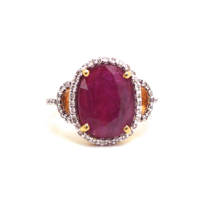 18K Yellow Gold Ruby & Diamond Ring by Tresor Collection Oval ruby and diamond statement ring in 18K gold flatlay – handcrafted luxury jewelry by Tresor Collection