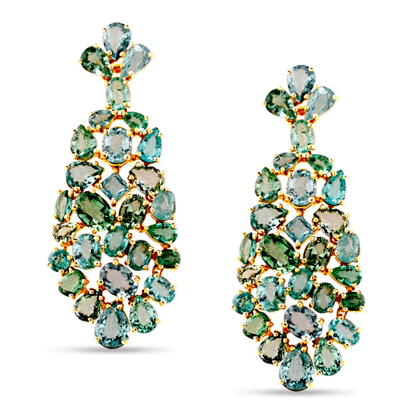 Paraiba tourmaline luxury statement earrings – 18K designer jewelry 18K gold green gemstone chandelier earrings flatlay – luxury fine jewelry by Tresor Collection