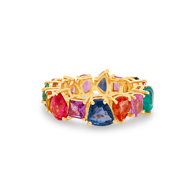 Multicolor Stone Mix Shape Ring In 18K Yellow Gold - Tresor Collection Close-up of model wearing multicolor gemstone ring – capturing the elegance and style of the ring.