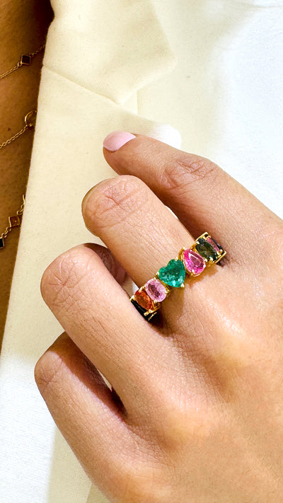 Multicolor Stone Mix Shape Ring In 18K Yellow Gold - Tresor Collection Model wearing multicolor gemstone ring on hand – highlighting the ring's vibrant and bold gemstone arrangement.