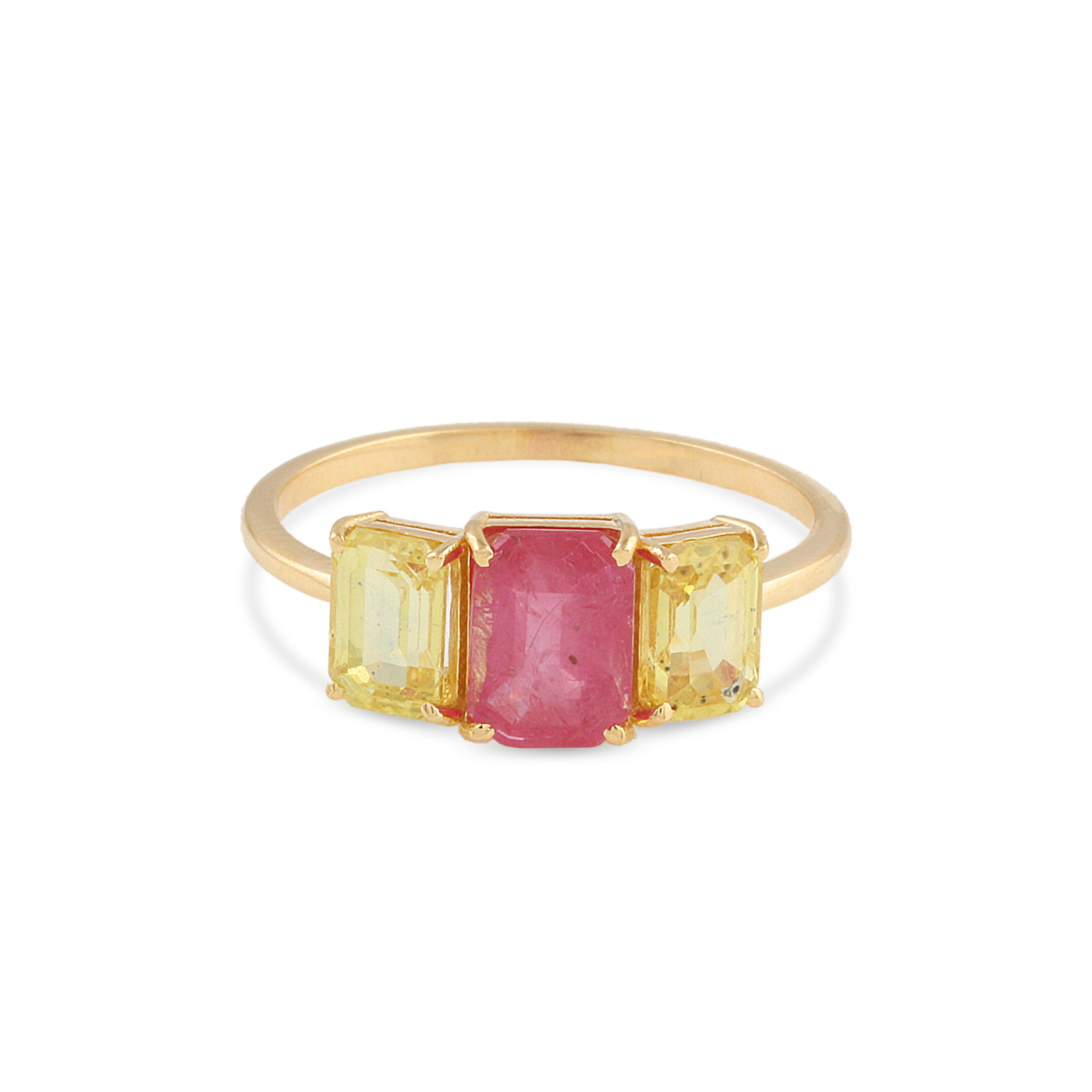 18K Yellow Gold Ruby & Yellow Sapphire Ring by Tresor Collection 18K gold ruby and yellow sapphire three-stone ring flatlay – handcrafted gemstone jewelry by Tresor Collection