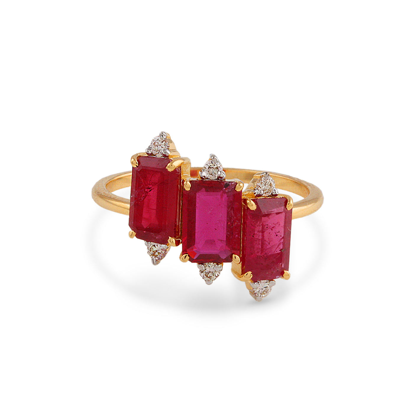 Ruby Rectangle And Diamond Round Ring In 18K Yellow Gold
