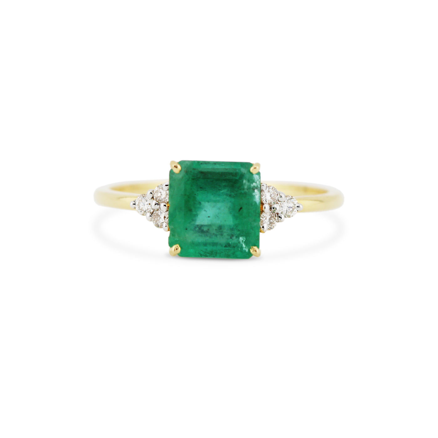 Emerald Square & Diamond Round Ring In 18K Yellow Gold