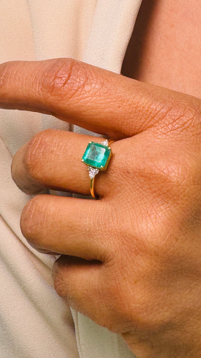 Emerald Square & Diamond Round Ring In 18K Yellow Gold