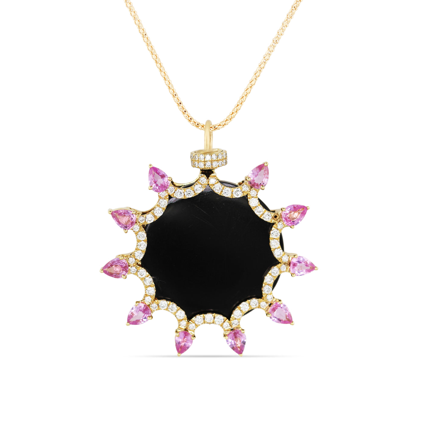 Pink Sapphire Pear Shape, Black Onyx Round & Diamond Pendant In 18K Yellow Gold