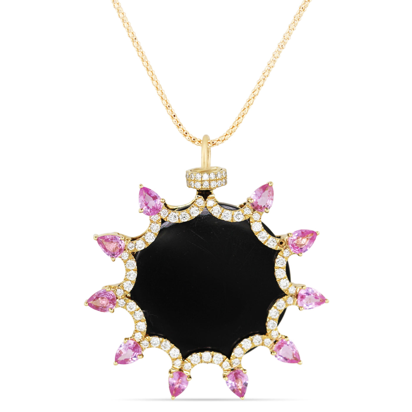 18K gold Pink Sapphire, Black Onyx & Diamond pendant flatlay – fine handcrafted jewelry by Tresor Collection