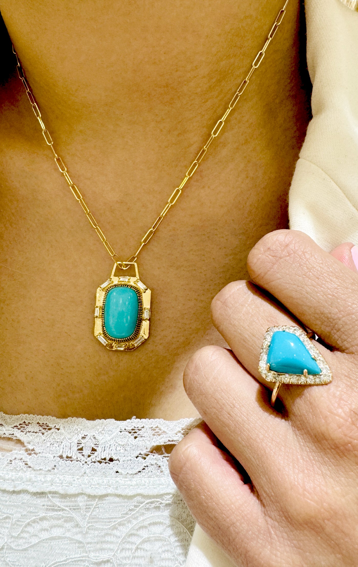 Turquoise Oval & Diamond Rectangle Pendant In 18K Yellow Gold - Tresor Collection Model highlighting 18K gold Turquoise pendant necklace – bold handcrafted gemstone design