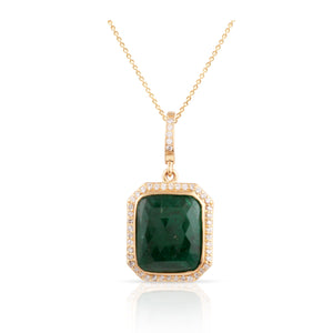 An emerald rectangle and diamond pendant in 18K yellow gold, featuring a gold chain and a yellow gold pendant.