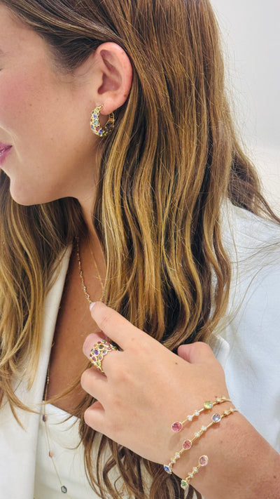 Side view of 18K gold multi-gemstone bangle on model – elegant fine jewelry by Tresor Collection