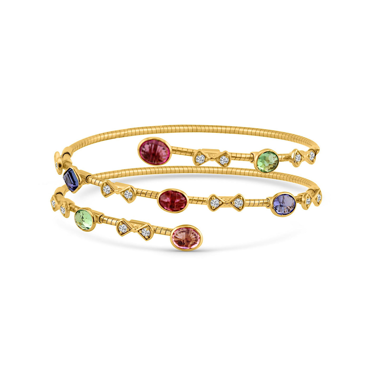 Luxury 18K gold multicolor gemstone bracelet – handcrafted 18K gold multi-gemstone bangle flatlay – luxury fine jewelry by Tresor Collection