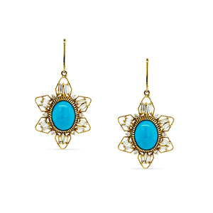 18K gold Turquoise and Diamond oval earrings flatlay – handcrafted fine jewelry by Tresor Collection Gold turquoise earrings front view – showcasing elegant floral design with vibrant turquoise stones.