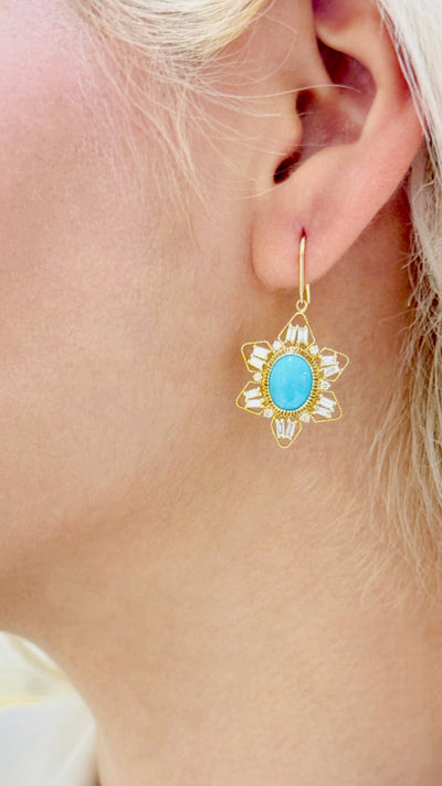 Turquoise Oval & Diamond Earring In 18K Yellow Gold - Tresor Collection Model wearing gold turquoise earrings – emphasizing the stylish, feminine design and the bright turquoise stones.