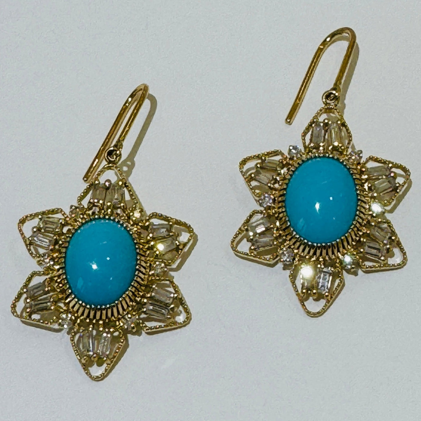 Turquoise Oval & Diamond Earring In 18K Yellow Gold - Tresor Collection Profile view of gold turquoise earrings – showcasing the elegance and beauty of the turquoise stones.
