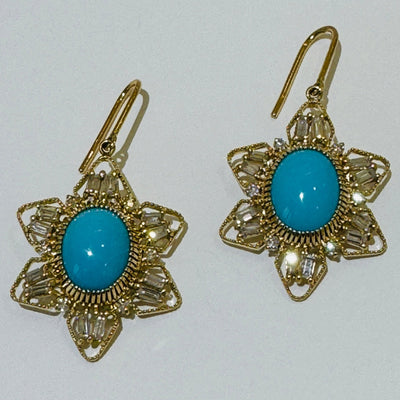 Turquoise Oval & Diamond Earring In 18K Yellow Gold - Tresor Collection Profile view of gold turquoise earrings – showcasing the elegance and beauty of the turquoise stones.