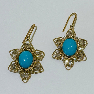 Turquoise Oval & Diamond Earring In 18K Yellow Gold