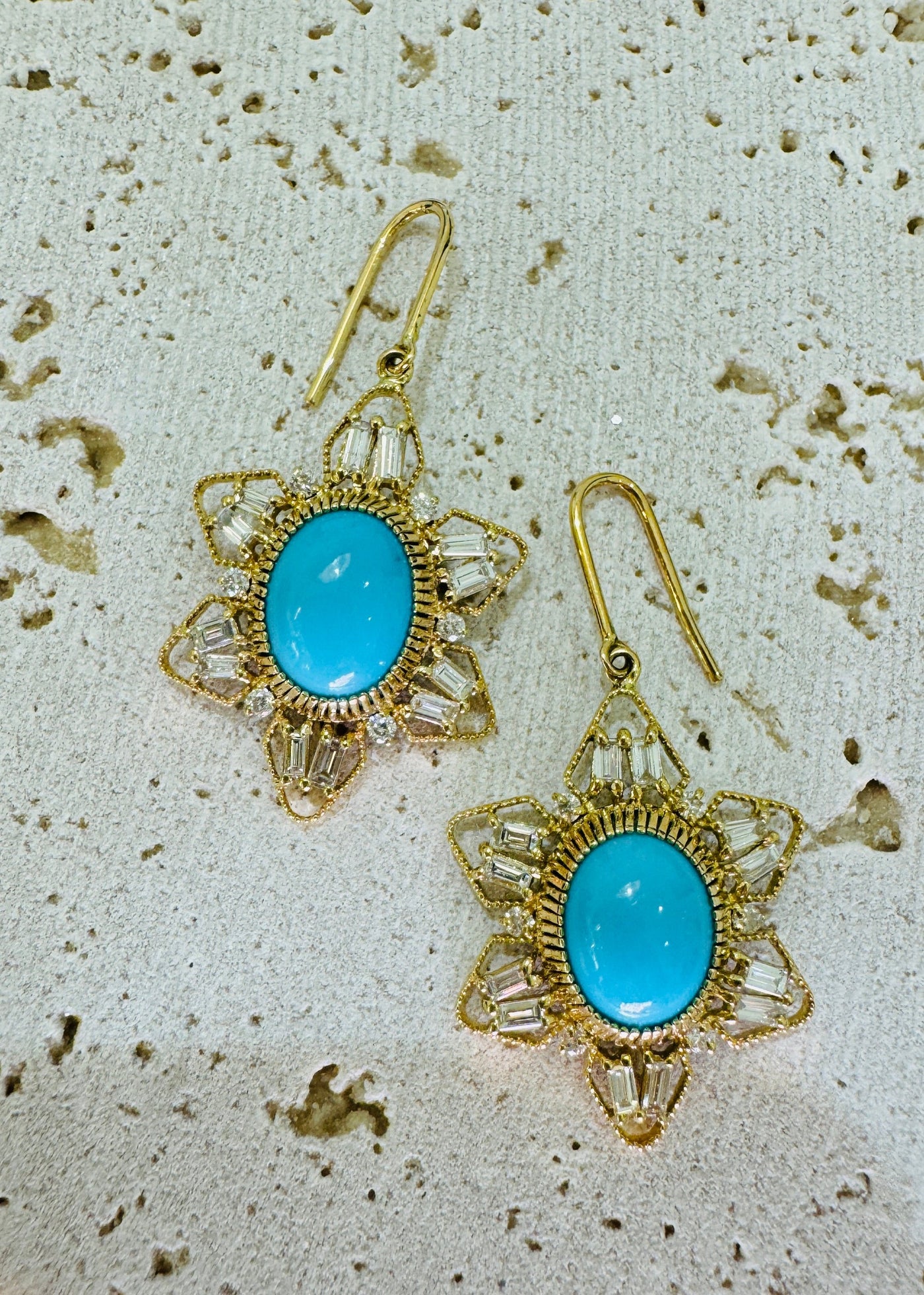 Turquoise Oval & Diamond Earring In 18K Yellow Gold