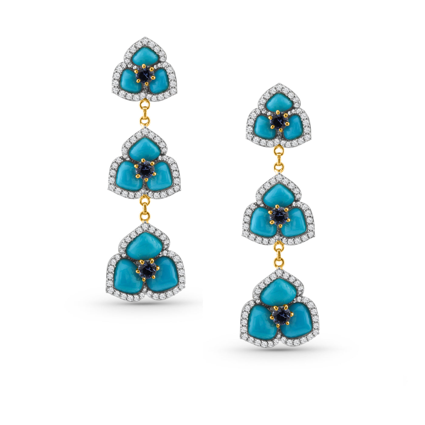 Turquoise Tabiz Shape, Blue Sapphire Round & Diamond Earring In 18K Yellow Gold