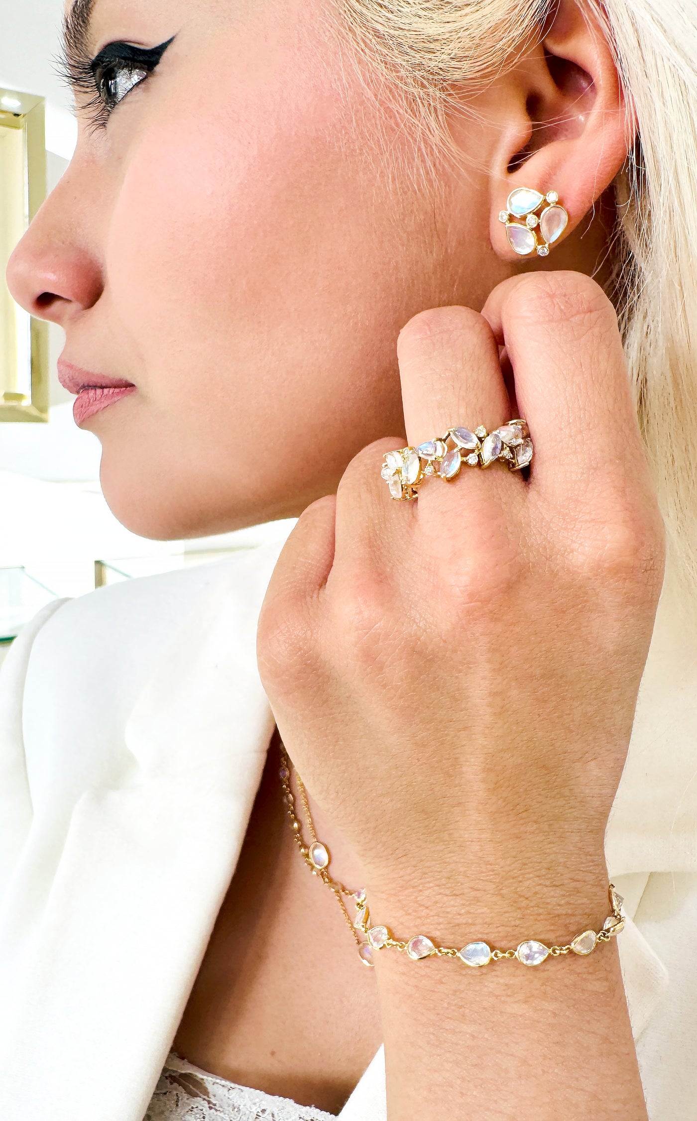 Rainbow Moonstone & Diamond Ring In 18K Yellow Gold - Tresor Collection Lifestyle jewelry image featuring gold rainbow moonstone ring and accessories – premium fine-jewelry styling