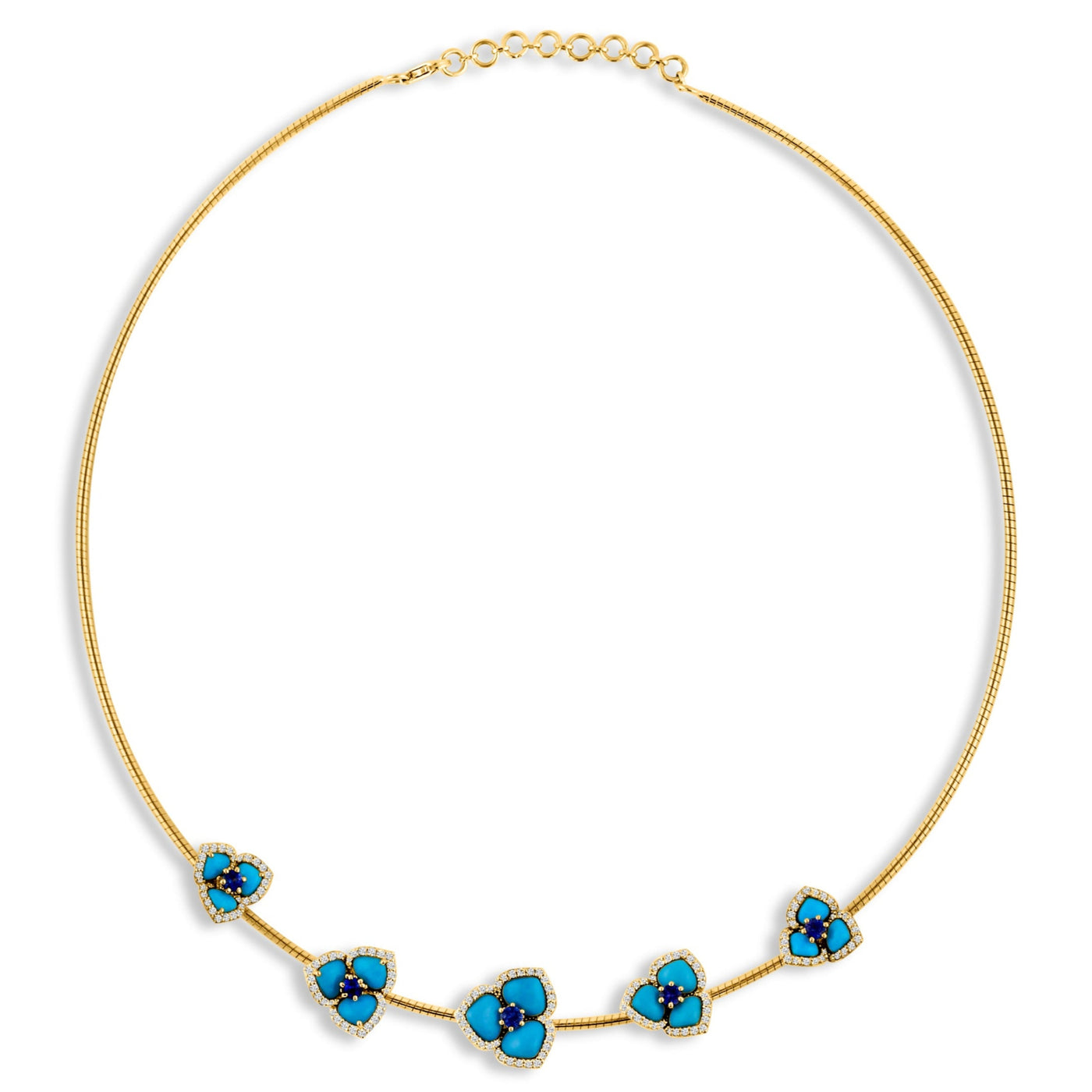 Turquoise Tabiz Shape, Blue Sapphire And Diamond Necklace In 18K Yellow Gold