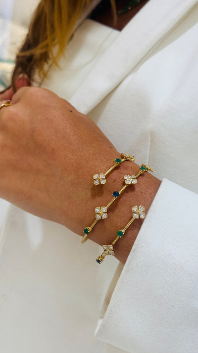 Emerald, Blue Sapphire Round And Diamond Bangle In 18K Yellow Gold