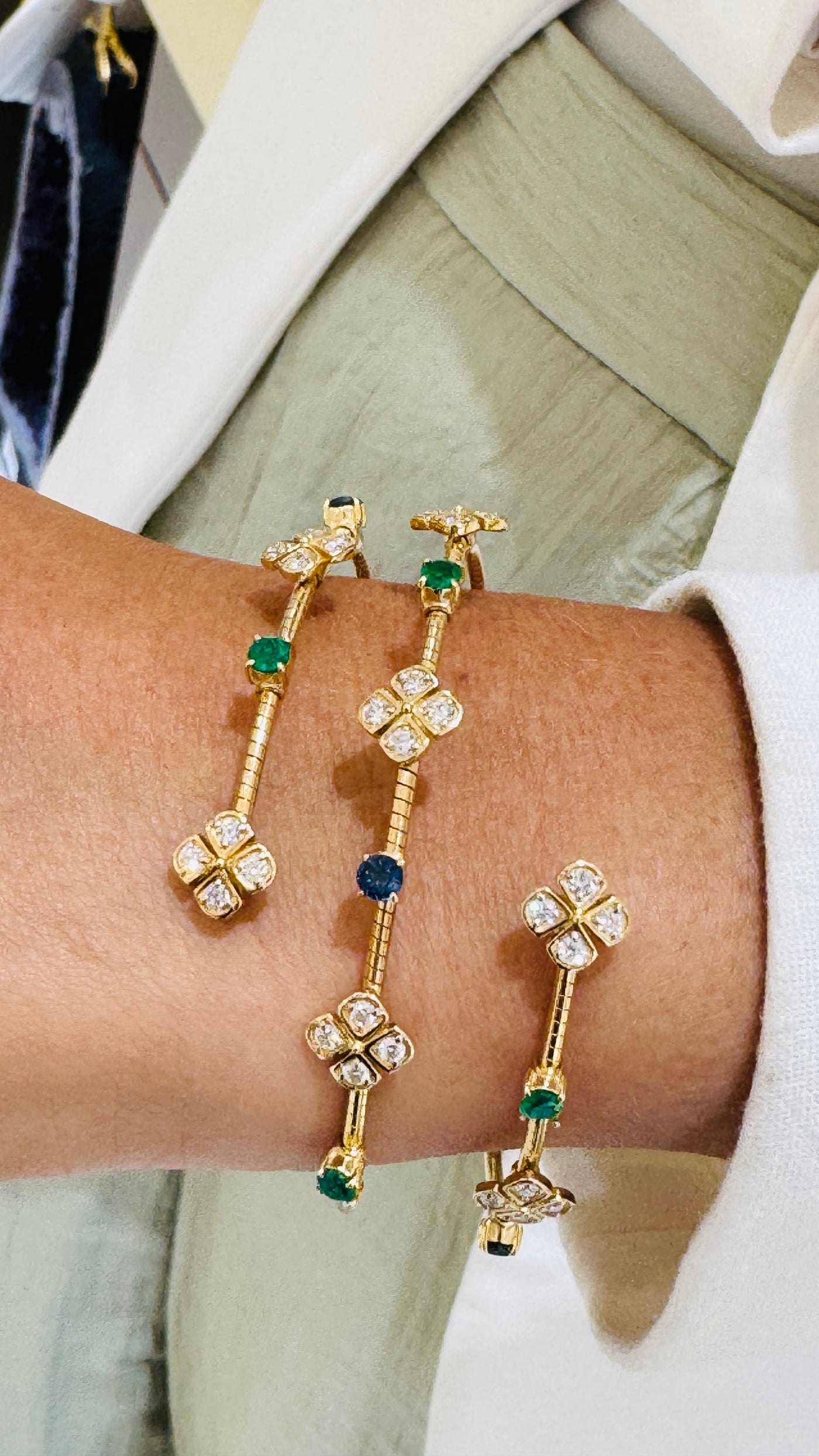 Emerald, Blue Sapphire Round And Diamond Bangle In 18K Yellow Gold