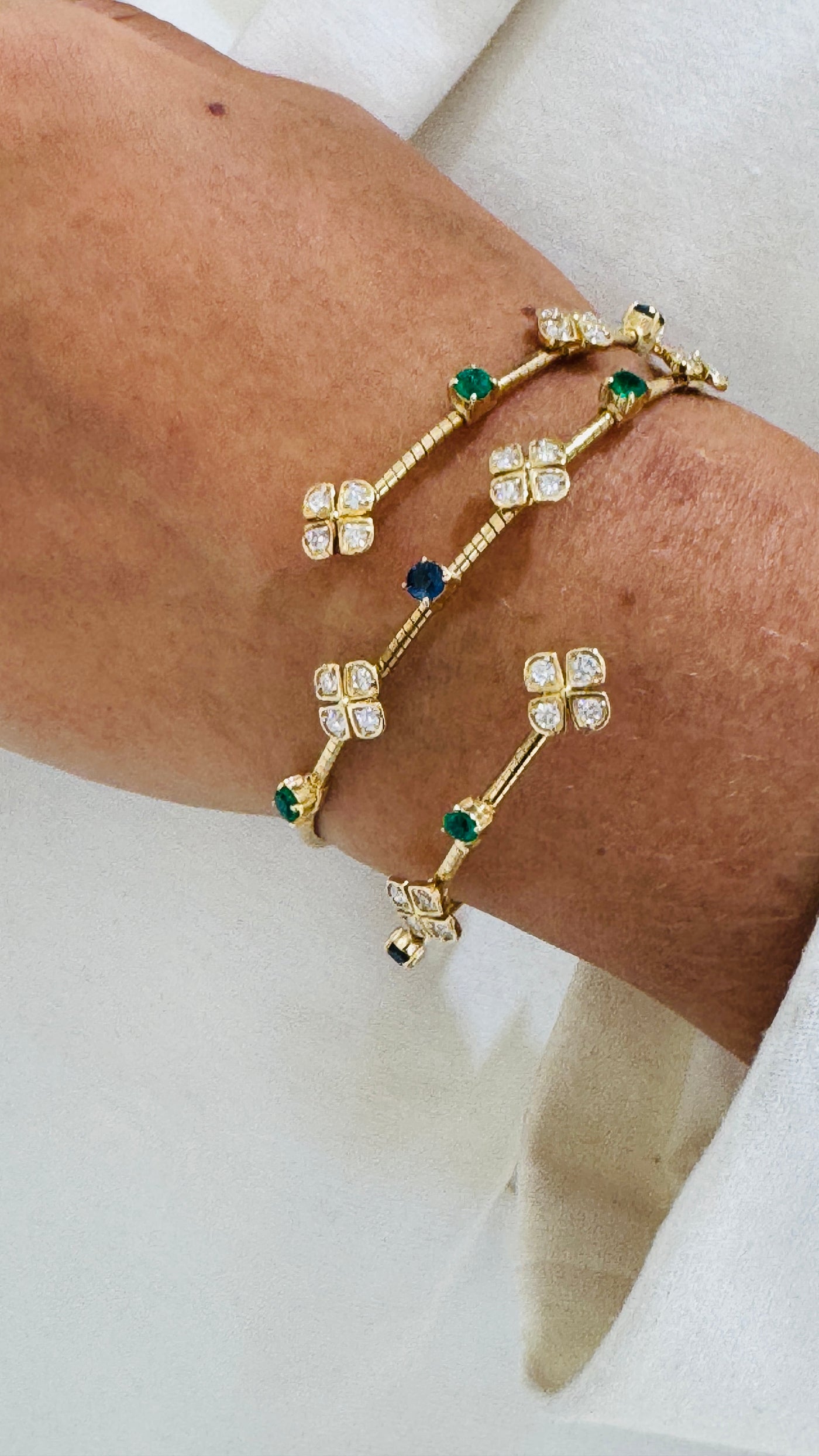 Emerald, Blue Sapphire Round And Diamond Bangle In 18K Yellow Gold